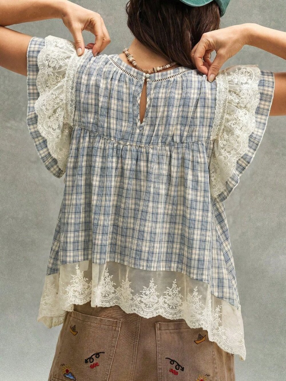 Blue And White Cute Women's Casual Woven Plaid Contrast Lace Loose Blouse - Picture 2 of 9